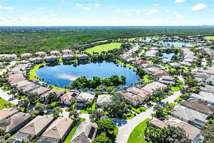Aerial view of residential area with a nearby body of water