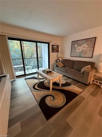 Living area with dark wood-style flooring
