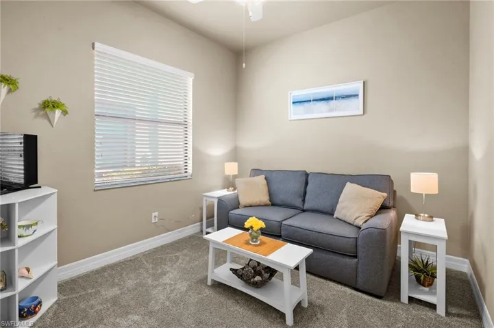 Living area with carpet, healthy amount of natural light, and a ceiling fan