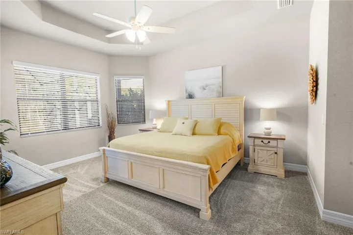 Bedroom featuring a raised ceiling, carpet floors, and ceiling fan