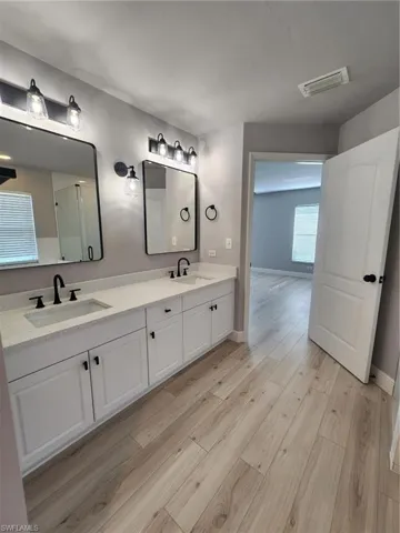 Bathroom with wood-type flooring and dual bowl vanity