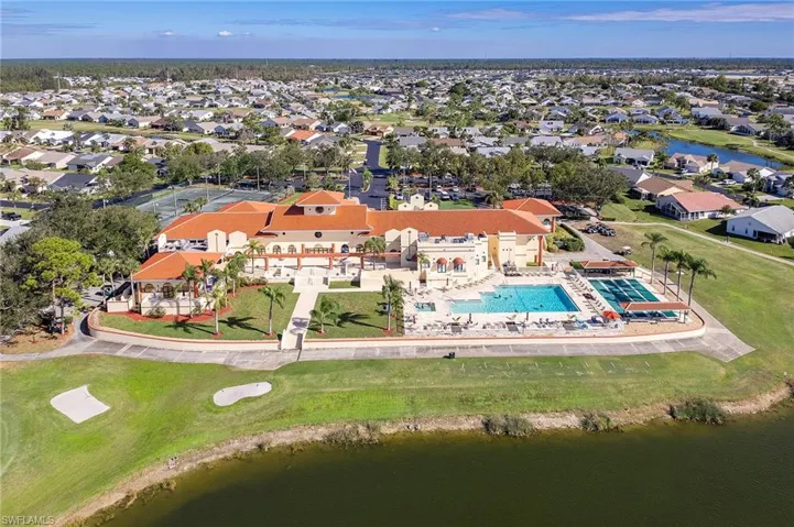 View from the lake of the spectacular clubhouse and pool