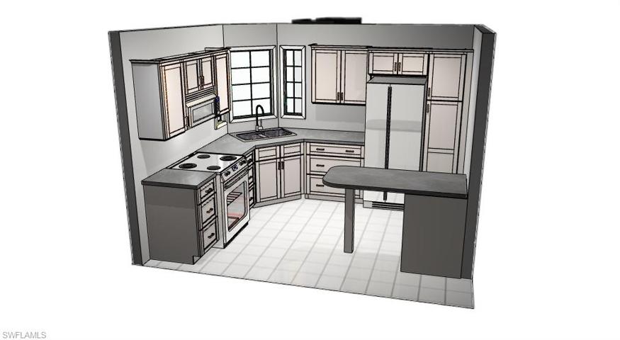 This is a custom kitchen design for the exact dimensions of this house.  The kitchen remodel cost as seen in the pictures(kitchen/vanity cabinetry, countertops, and installation would be 15-18,000.00.  The estimate does not include appliance cost.