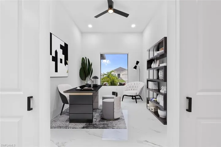 Virtually Staged-Home office featuring a ceiling fan, recessed lighting, and marble finish floor