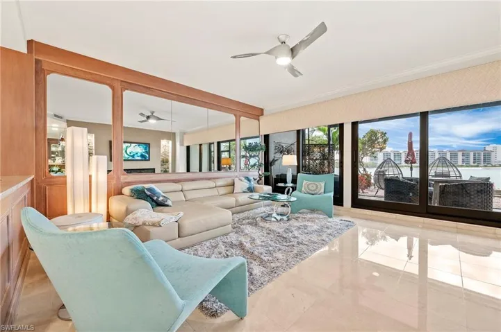 Living room with water views.