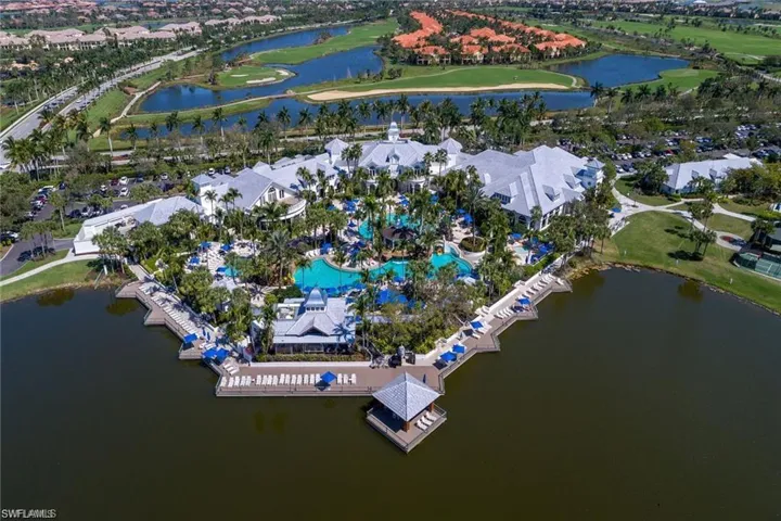 Aerial view of a large body of water and a local golf course