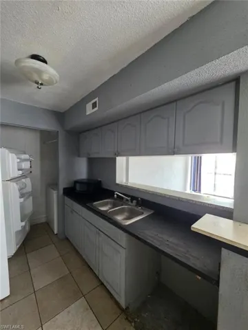 Kitchen area featuring a double basin stainless steel sink, grey cabinetry, and dark countertops