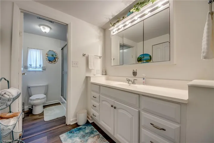 Bathroom featuring vanity, wood finished floors, toilet, baseboards, and a stall shower
