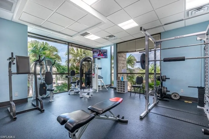 Exercise room featuring expansive windows, plenty of natural light, and a drop ceiling