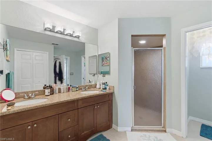Bathroom featuring double vanity, a stall shower, and a closet