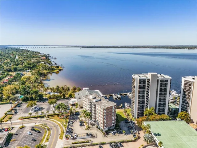 Aerial view of a notable bridge and a nearby body of water