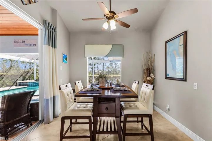 Dining room with ceiling fan and lofted ceiling