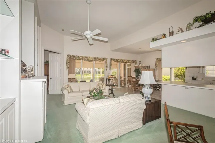 Carpeted living room featuring a healthy amount of sunlight and ceiling fan