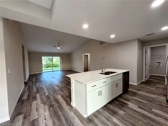 Vaulted ceilings, wood-finish flooring, white kitchen island with integrated sink, sliding glass door, and recessed lighting