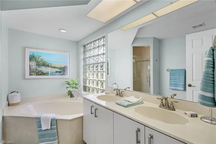 Bathroom featuring shower with separate bathtub and vanity