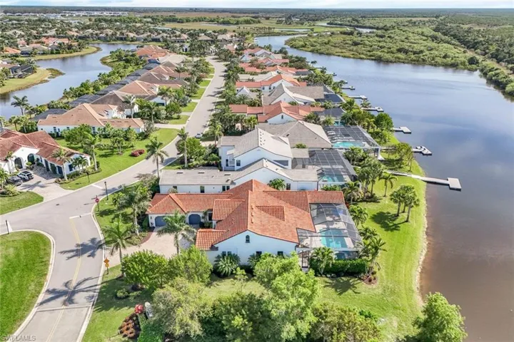 Aerial perspective of suburban area with a nearby body of water