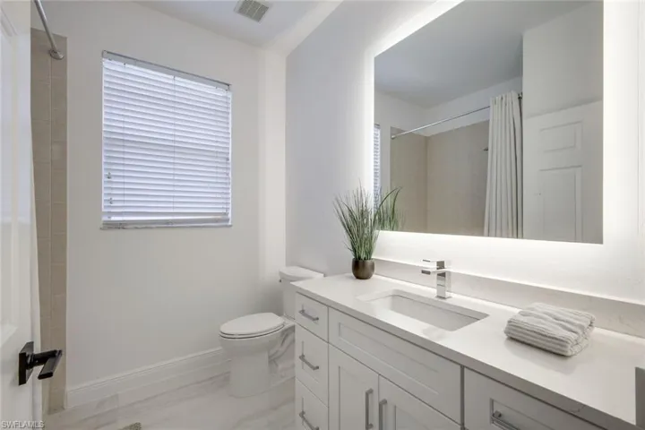 Bathroom featuring vanity, a shower with shower curtain, and toilet
