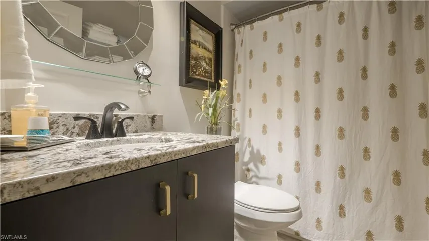 Guest bathroom has custom high-end features i.e. counter top, faucet, mirror, light fixture, cabinet pulls and more!