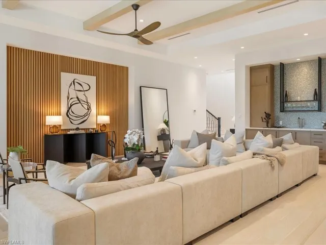Living room with recessed lighting, beam ceiling, visible vents, and ceiling fan