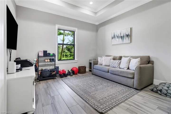 Living room featuring light hardwood / wood-style floors, ornamental molding, and a raised ceiling