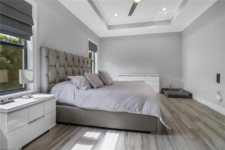 Bedroom with a raised ceiling, light hardwood / wood-style flooring, ornamental molding, and ceiling fan