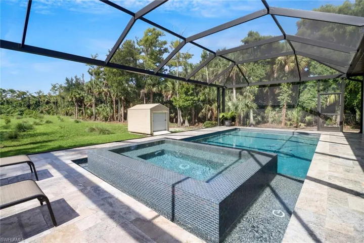 View of swimming pool with a patio area, an in ground hot tub, a lanai, and a shed