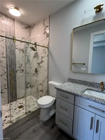 Bathroom with wood finished floors, toilet, vanity, and a marble finish shower