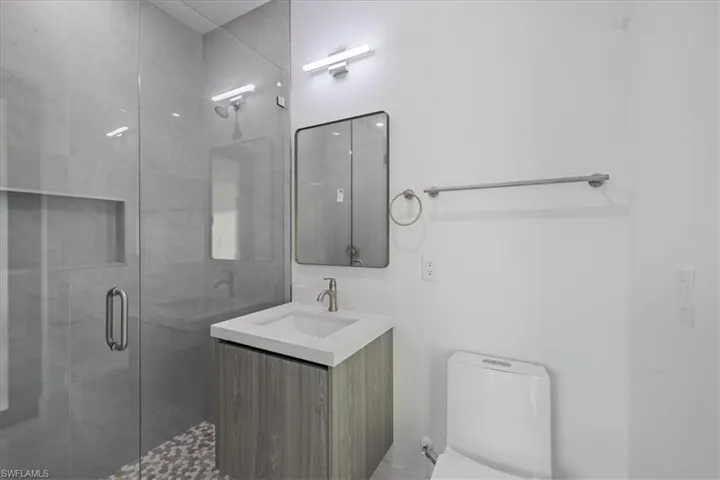 Bathroom with vanity, a shower with shower door, and toilet