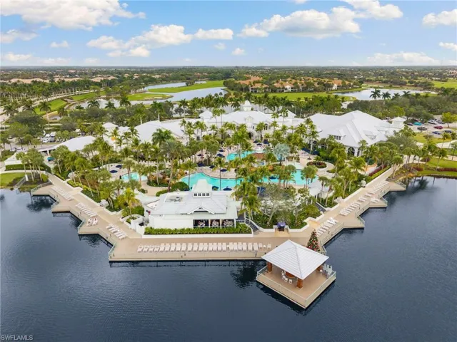 Bird's eye view of a large body of water and a pool area