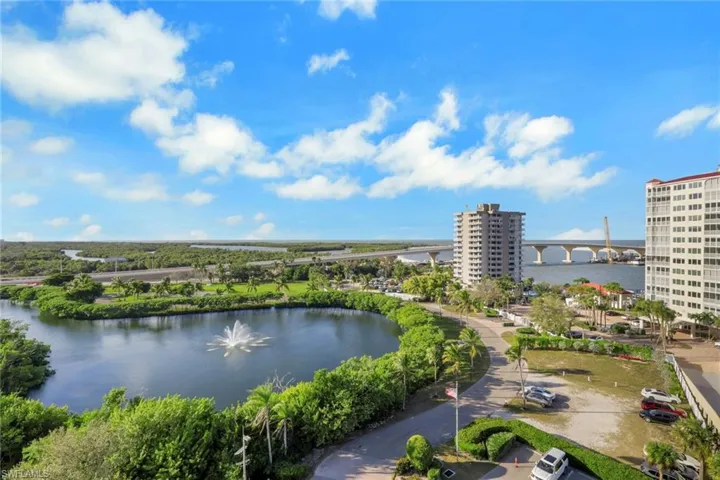 Aerial view of a large body of water and a notable bridge