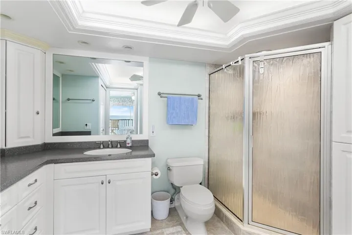 New vanity, recessed lighting, new plumbing fixtures, glass shower doors, walk-in shower.