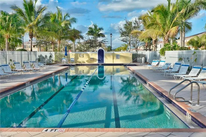 Resort-style swimming pool featuring lap lanes, surrounding lounge areas, and mature palm trees
