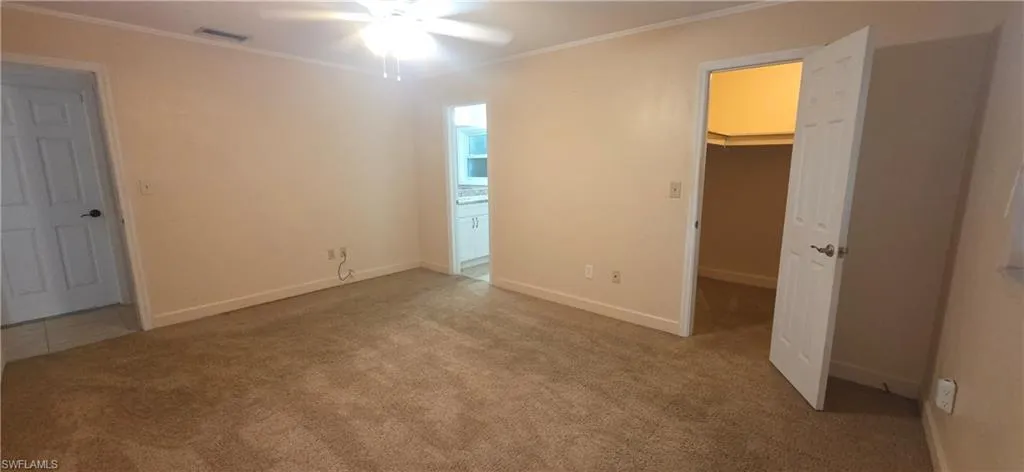 Primary bedroom with carpet, ornamental molding, a spacious closet, and ceiling fan