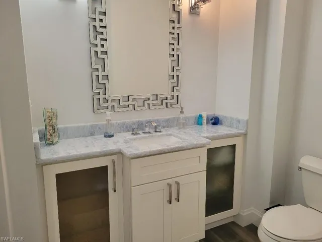 Bathroom with vanity and dark wood-type flooring