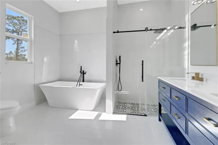 Full bathroom featuring vanity, independent shower and bath, and a healthy amount of sunlight