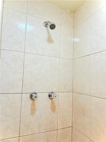 Bathroom view of a tile shower
