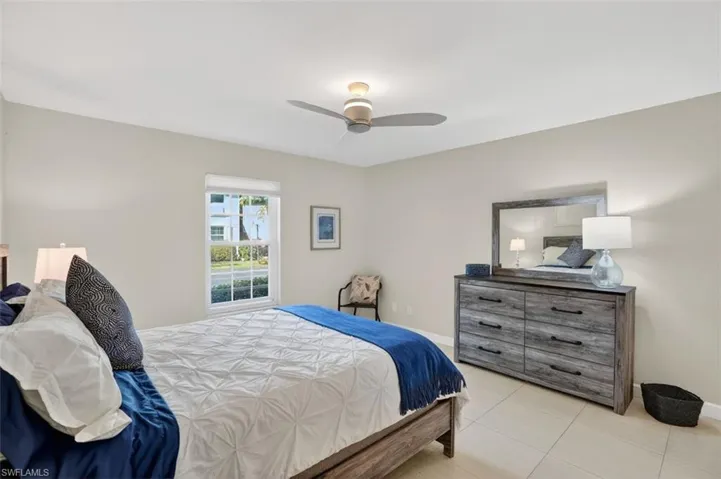Spacious primary bedroom with large walk-in closet and ceiling fan