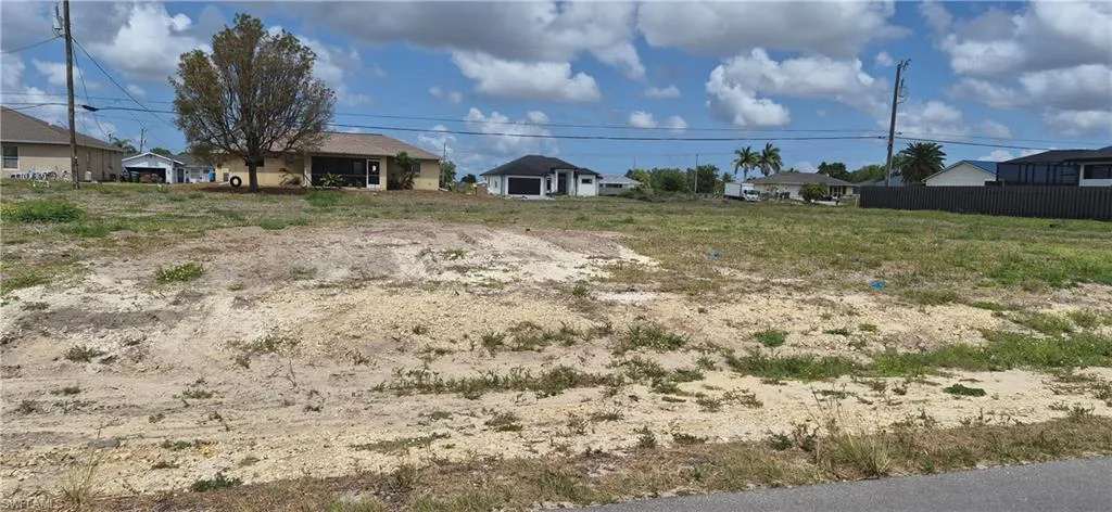Cleared land lot with scattered vegetation, featuring a paved road in the foreground