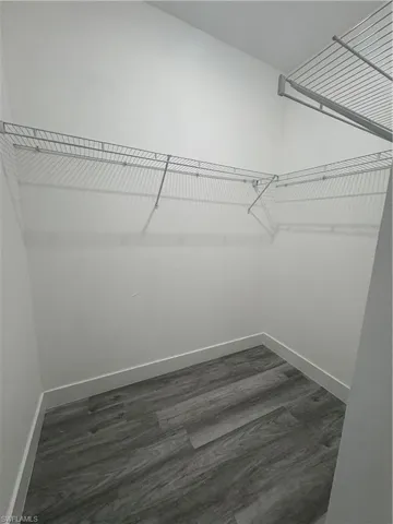 Walk in closet with dark wood-type flooring
