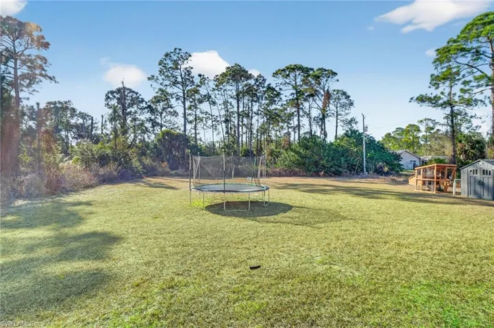 View of grassy yard featuring a trampoline and a storage shed