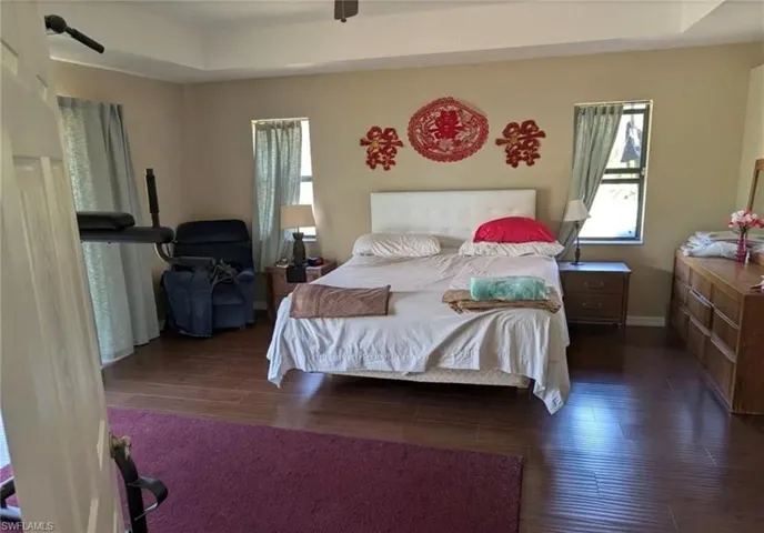 Bedroom with multiple windows, dark wood finished floors, and a raised ceiling