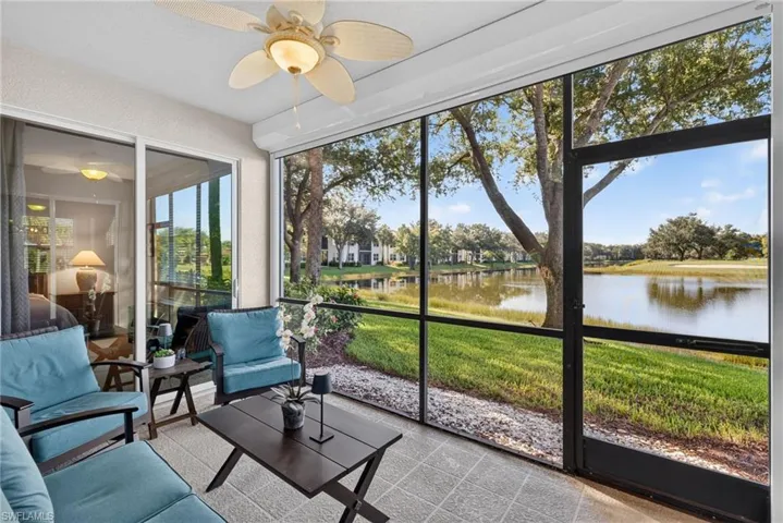 Tranquil lake and golf course view.