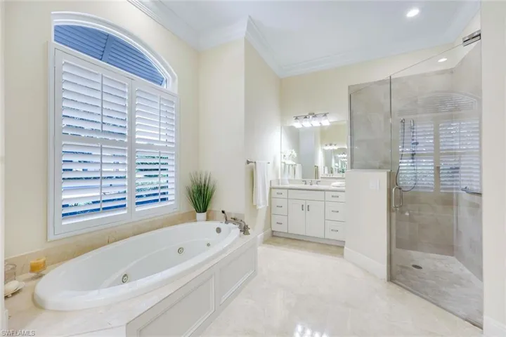 Large frameless shower, plantation shutters for privacy