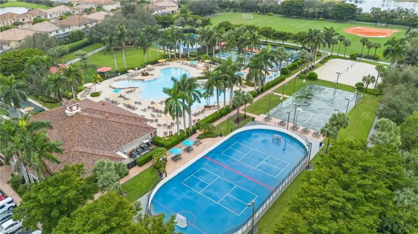 Aerial overview of property's location with a pool area