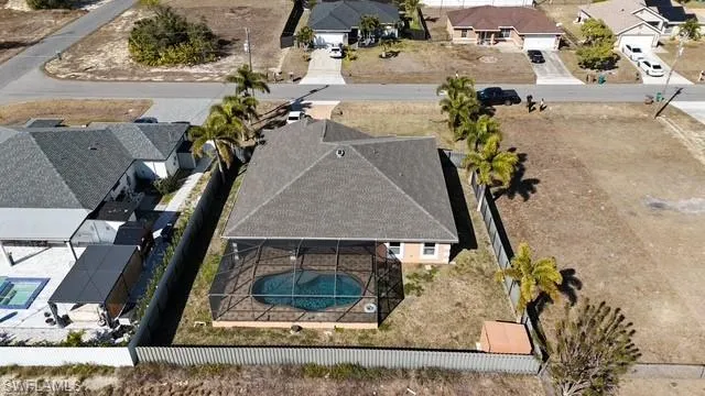 Aerial view of residential area with a pool area