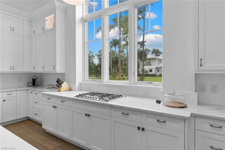 Kitchen featuring white cabinetry, light stone counters, glass insert cabinets, and dark wood-style floors