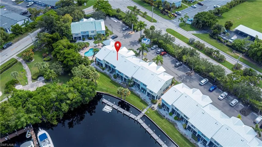 Aerial view of a nearby body of water