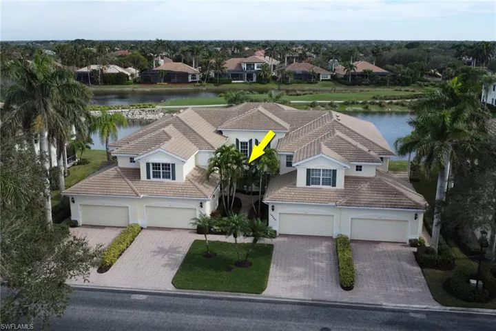 Birds eye view of property with a water view