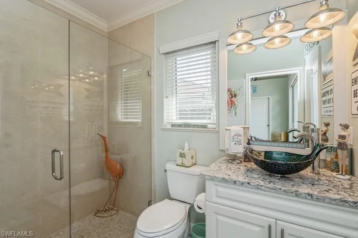 Bathroom featuring ornamental molding, vanity, toilet, and an enclosed shower