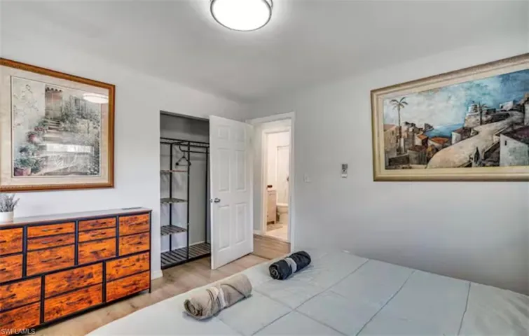 Neutral wall color, overhead flush-mount lighting, wood-finish flooring, open closet with built-in shelving, white interior door